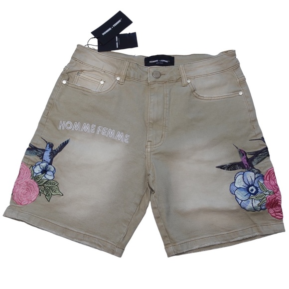 HOMME + FEMME Denim Embroidered Shorts Floral Khaki NWT Women Plus size 32 - Picture 1 of 9